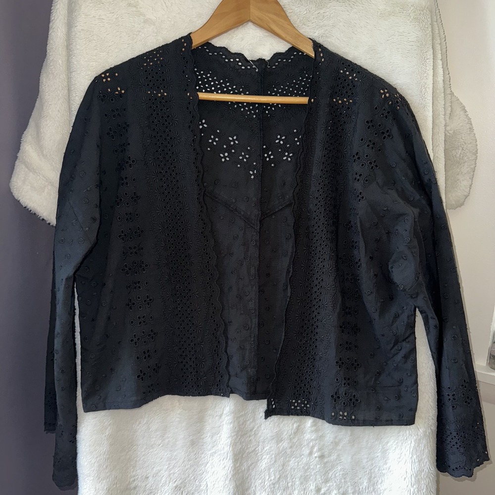 Evereve Jacket Sample Large Black Nora Eyelet Open Front Wide Bell Sleeve Cotton